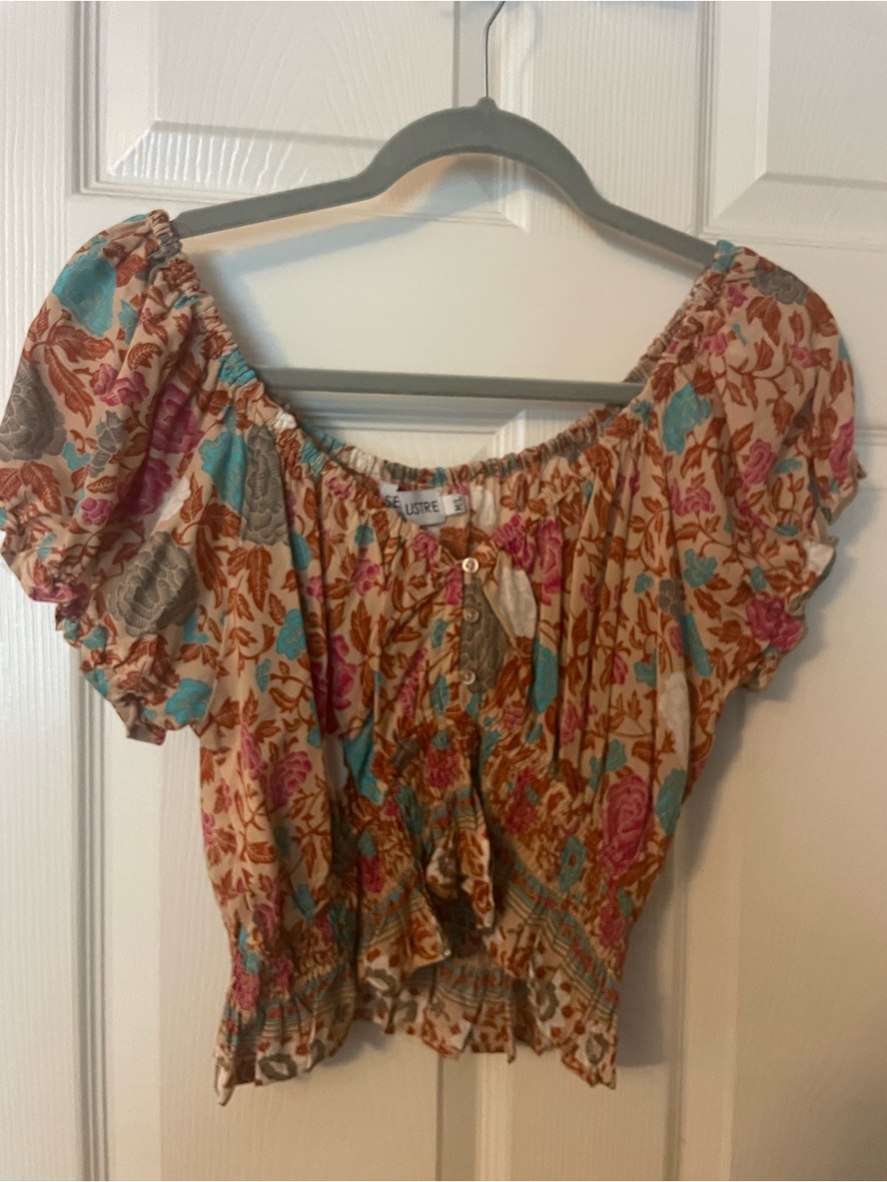 Boho Floral Off-Shoulder Crop Top - Beige with Turquoise & Pink Accents